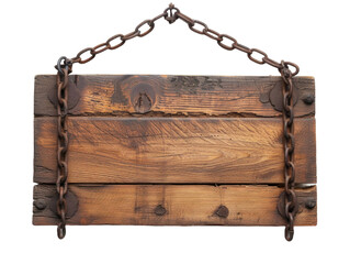 Old wooden sign with chains on it, isolated on transparent background, PNG