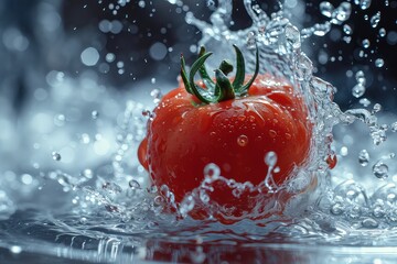 Tomato In Water Surreal And Forming A Splash Falling Into The Water Realistic Scene