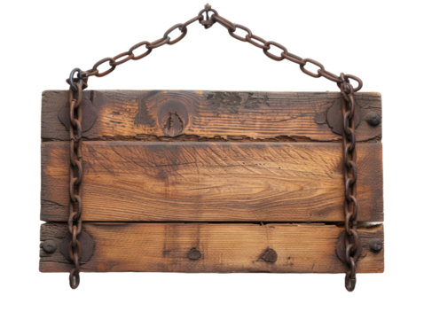 Old wooden sign with chains on it, isolated on transparent background, PNG