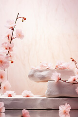 spring background with cherry blossom and rock