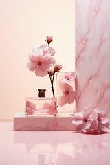A luxury perfume on the rock of nature on a pink background, with some flowers and cheri blossom