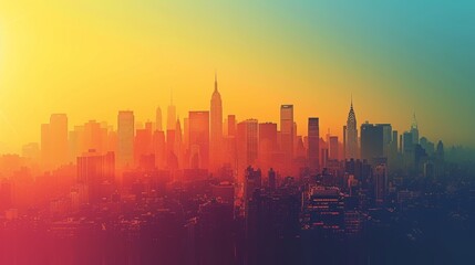 Fototapeta na wymiar Abstract city skyline silhouettes against a gradient backdrop symbolize the urban hustle