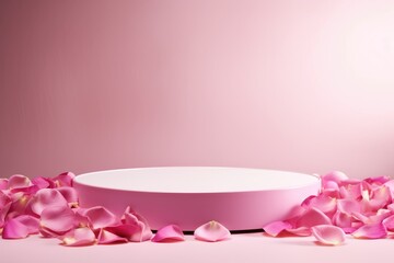 Pink product podium placement on background with rose petals falling. Beauty, fashion, cosmetic and spa presentation. Copy space. Valentine's day, Mother's day, Women's Day , Wedding and love concept