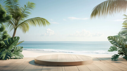 Summer product display on the wooden podium at sea tropical beach.