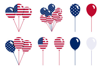 Icon set with single balloon and bundle of balloons of USA flag colors isolated on white. Vector clipart, illustration of national American holidays and festive event in USA, flat sign or symbol.