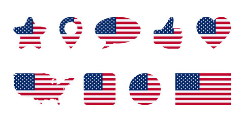 Icon set with star, heart, map, pin, speech bubble and thumb up of USA flag color. Symbols or signs isolated on white. Vector clipart, illustration of event or national holidays in United States.