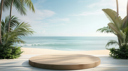 Fototapeta premium Summer product display on the wooden podium at sea tropical beach.