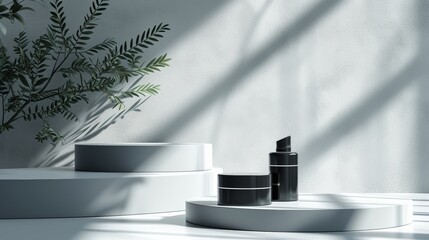 Clean lines and subtle lighting accentuate the beauty of the cosmetic products on the podium