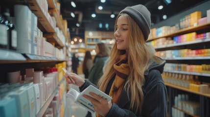 Beautiful young saleswoman helps a buyer choose cosmetics in a large cosmetics store large copyspace area - obrazy, fototapety, plakaty