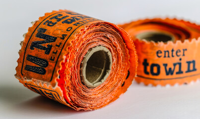 Roll of orange enter to win tickets coiled on a white background, symbolizing chances, luck, contests, raffles, and promotional events - obrazy, fototapety, plakaty
