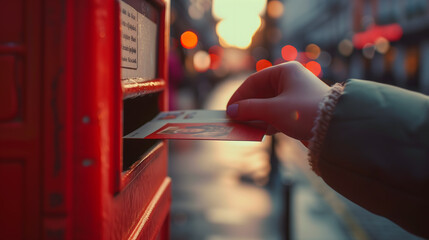 the timeless act of dropping a postcard into an iconic red postbox - obrazy, fototapety, plakaty