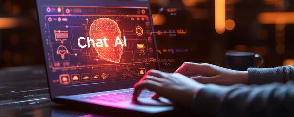 Modern artificial intelligence concept with user interacting with Chat AI interface on laptop screen in a dark workspace, depicting futuristic technology - obrazy, fototapety, plakaty