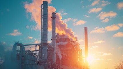 Biomass power plants emitting steam against a blue sky, utilizing organic waste for energy
