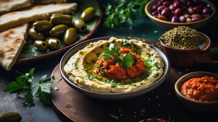 A mediterranean meze table with olives and hummus