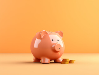 piggy bank and coins in front of yellow orange background