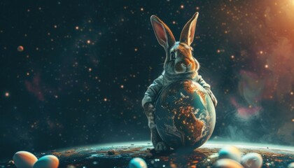 Bunny in space holding an egg-shaped earth - obrazy, fototapety, plakaty