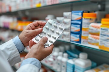 A pharmacist holds a blister with pills against the background of shelves with various medicines - obrazy, fototapety, plakaty