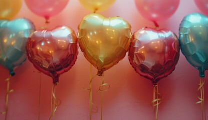 colorful heart balloons on pink background valentines day