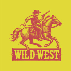Fototapeta na wymiar vintage retro art cowboy riding horse in wild west vector illustration