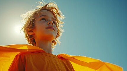A youngster in a superhero cape, believing in the power to be anything. large copyspace area - obrazy, fototapety, plakaty