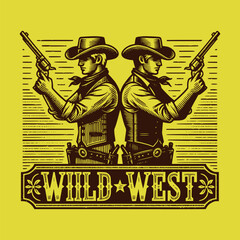 vintage retro art two cowboy doing duel gun in wild west vector illustration