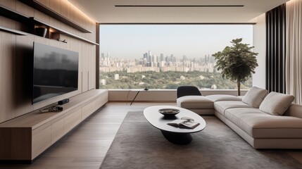 A sleek and minimalist urban apartment with city views for sophistication