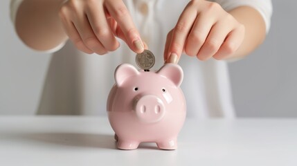 a person putting a coin into a pink piggy bank on a white background
