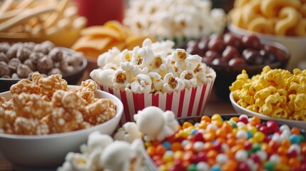 Cinematic popcorn and snacks arranged elegantly, ready for a cozy movie night at home