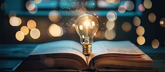 Illuminating pages of open book with glowing light bulb symbolizes enlightening power of education research and creative thinking book possibly piece of literature or scholarly text