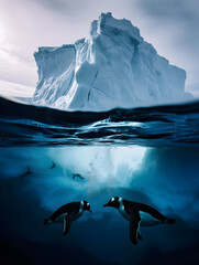 Two Penguins Swim Gracefully In The Ocean, Their Sleek Bodies Swim Through The Cool Waters Near An Imposing Iceberg. Melting Glacier Covered With Snow. Global Warming Concept. Pole Travel Expedition