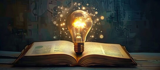 Illuminating pages of open book with glowing light bulb symbolizes enlightening power of education...
