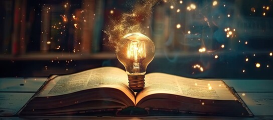 Illuminating pages of open book with glowing light bulb symbolizes enlightening power of education...