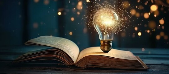 Illuminating pages of open book with glowing light bulb symbolizes enlightening power of education...