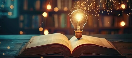 Illuminating pages of open book with glowing light bulb symbolizes enlightening power of education research and creative thinking book possibly piece of literature or scholarly text - obrazy, fototapety, plakaty