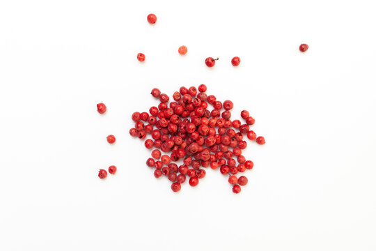Red peppercorns on white background. Organic spice. Dry red pepper grain. 