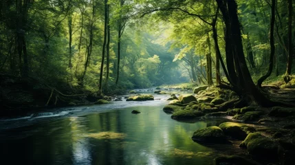 Photo sur Plexiglas Rivière forestière A tranquil river winding through a dense forest