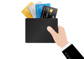 Hand Holding Money Wallet with Credit Card. Saving Money Concept. Vector Illustration. 