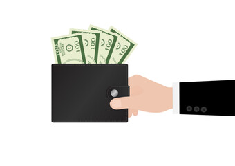 Hand Holding Money Wallet with Dollar Banknote. Saving Money Concept. Vector Illustration. 