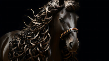 A horse with a mane braided with ribbons