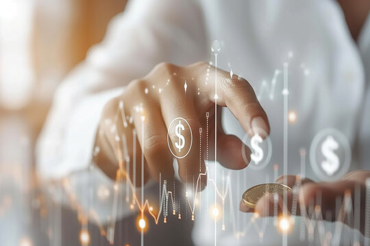 Investment concept, businessman holding gold coin in hand and pointing with finger stock market chart on virtual screen