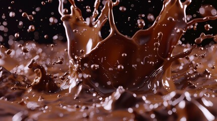 Flying or falling splashes of chocolate milk or liquid chocolate, black alpha background.