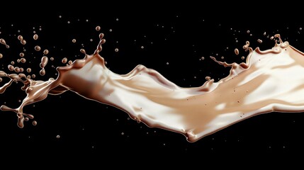 Flying or falling splashes of chocolate milk or liquid chocolate, black alpha background.