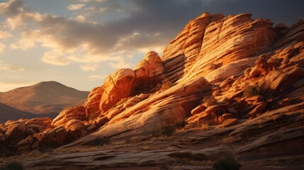 Dramatic rock formations illuminated by the last rays of the sun