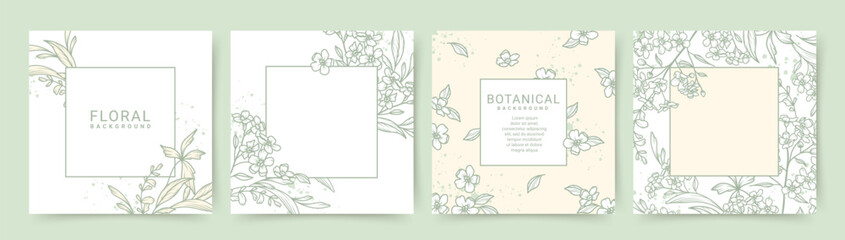 Floral frame with hand drawn spring flowers, branches and leaves in line art style. Botanical vector templates for card, label, corporate identity, wedding invitation, banner, social media, packaging - obrazy, fototapety, plakaty