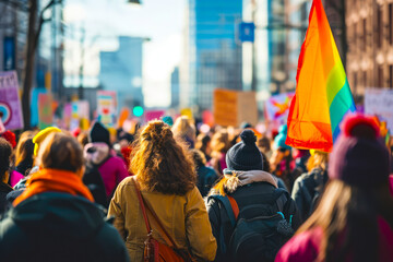  Dynamic shot of a lgbt march advocating for safe public spaces, emphasizing inclusivity and awareness.