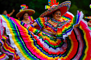 Elegant image capturing traditional Folklorico dancers in vibrant costumes, showcasing the cultural...