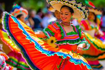 Elegant image capturing traditional Folklorico dancers in vibrant costumes, showcasing the cultural...