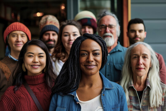  Group shot of diverse community members, united in feminist principles for creating safe public spaces. Group portrait with emphasis on diversity.