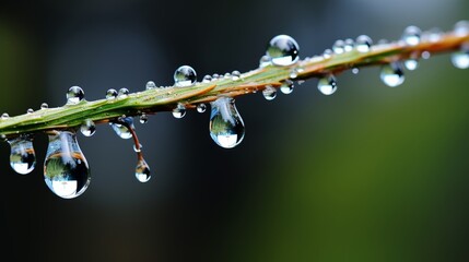 Hyper zoom of a raindrop clinging to a twig