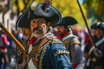Participants dressed in historical uniforms reenacting pivotal moments of the Battle of Puebla during a Cinco de Mayo parade.